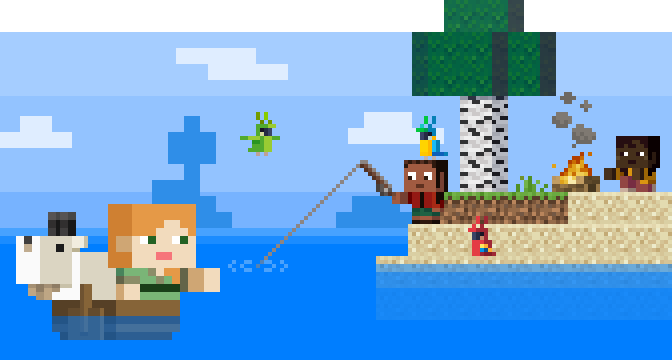 Characters fishing and cooking by a campfire on a small island