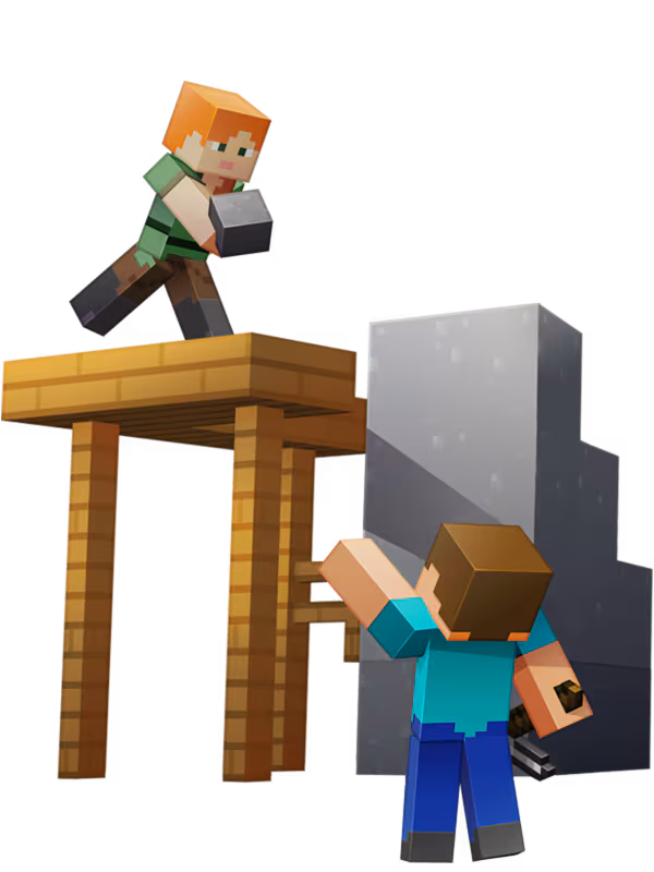 Two characters building a wooden structure together at night