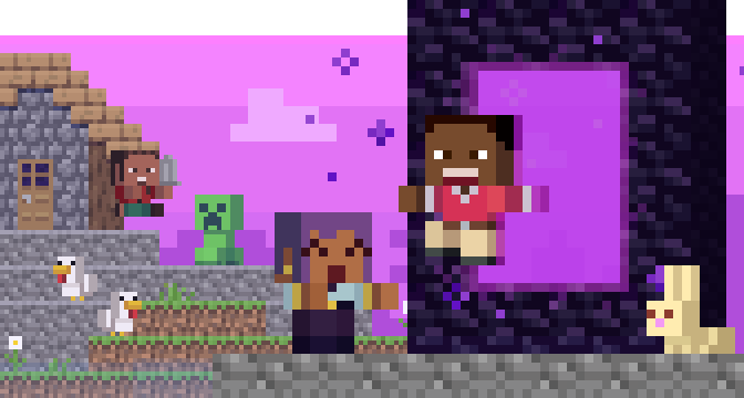 Three characters gathered near a portal with animals nearby
